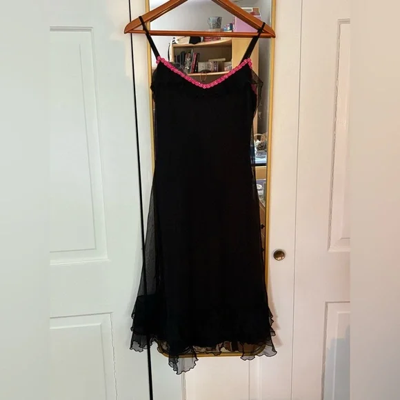 Betsey Johnson Black Stretch Slip Dress with Pink Floral Trim - Picture 1 of 2